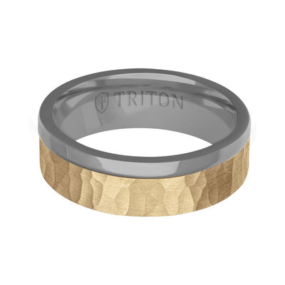 7MM Polished Tantalum Ring - Asymmetrical 14K Gold with Hammered Finish Inlay and Flat Edge