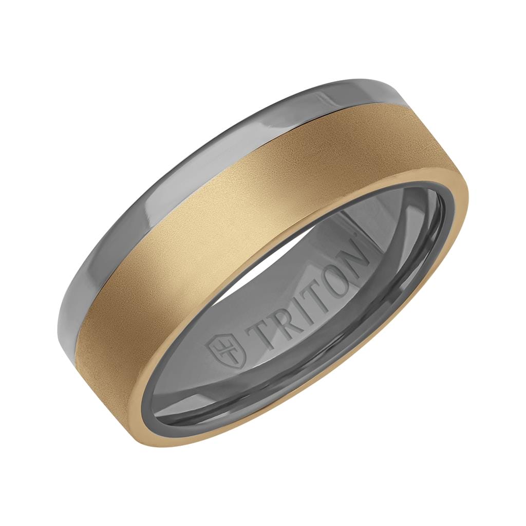 7MM Polished Tantalum Ring - Asymmetrical 14K Gold with Brushed Finish Inlay and Flat Edge