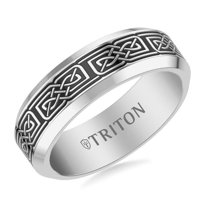 7MM Contemporary Grey Tungsten Carbide Ring with Black Tungsten Laser Geometric Knot Pattern and Polished Beveled Edge Profile.