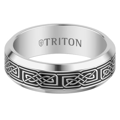 7MM Contemporary Grey Tungsten Carbide Ring with Black Tungsten Laser Geometric Knot Pattern and Polished Beveled Edge Profile.