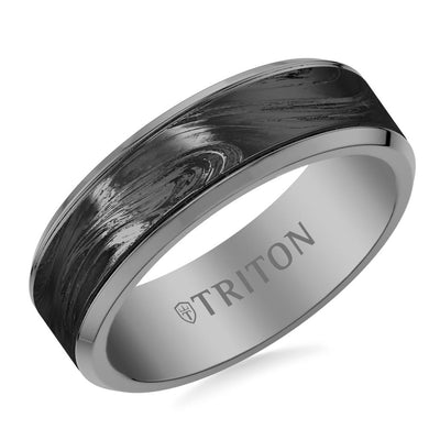 7MM Contemporary Gunmetal Grey Tungsten Carbide Ring with Forged Carbon Inlay Center and Polished Dome Edge Profile