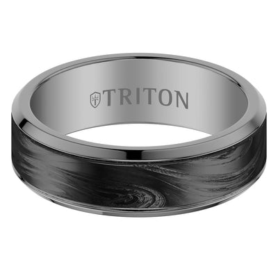 7MM Contemporary Gunmetal Grey Tungsten Carbide Ring with Forged Carbon Inlay Center and Polished Dome Edge Profile