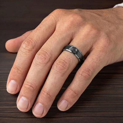 7MM Contemporary Gunmetal Grey Tungsten Carbide Ring with Forged Carbon Inlay Center and Polished Dome Edge Profile