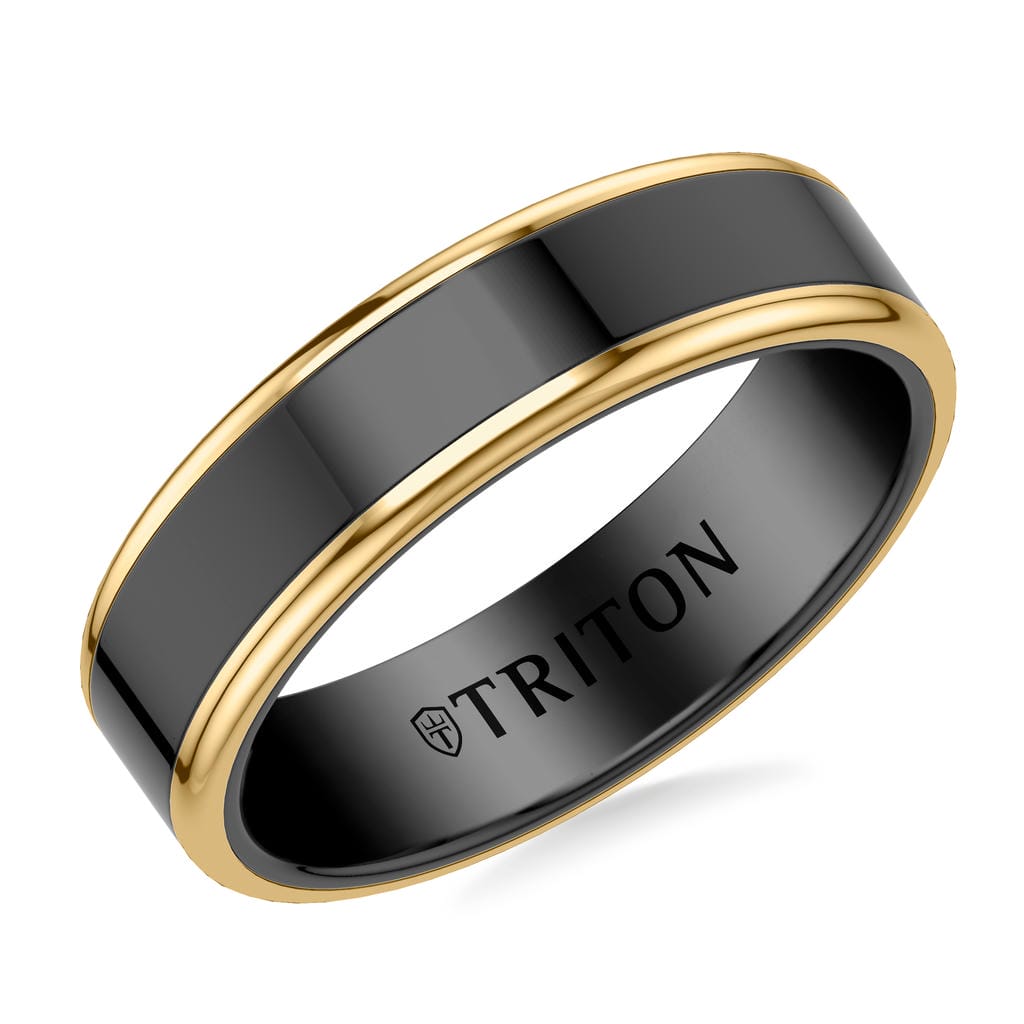 6MM Contemporary Black Tungsten Carbide Ring with Yellow Edge and Polished Flat Edge Profile