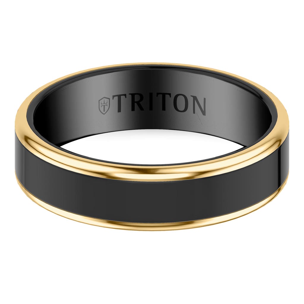 6MM Contemporary Black Tungsten Carbide Ring with Yellow Edge and Polished Flat Edge Profile