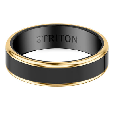 6MM Contemporary Black Tungsten Carbide Ring with Yellow Edge and Polished Flat Edge Profile