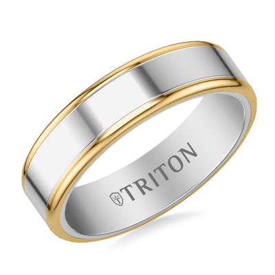 6MM Contemporary Gray Tungsten Carbide Ring with Yellow Edge and Polished Flat Edge Profile
