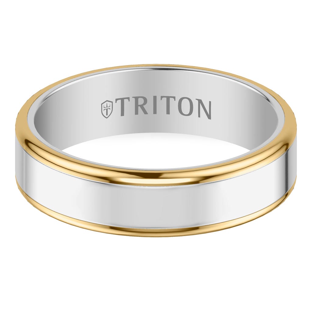 6MM Contemporary Gray Tungsten Carbide Ring with Yellow Edge and Polished Flat Edge Profile