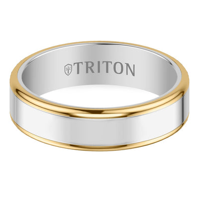 6MM Contemporary Gray Tungsten Carbide Ring with Yellow Edge and Polished Flat Edge Profile