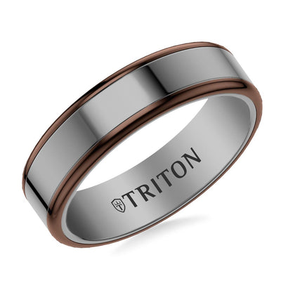 6MM Contemporary Gunmetal Grey Tungsten Carbide Ring with Espresso Edge and Polished Flat Edge Profile
