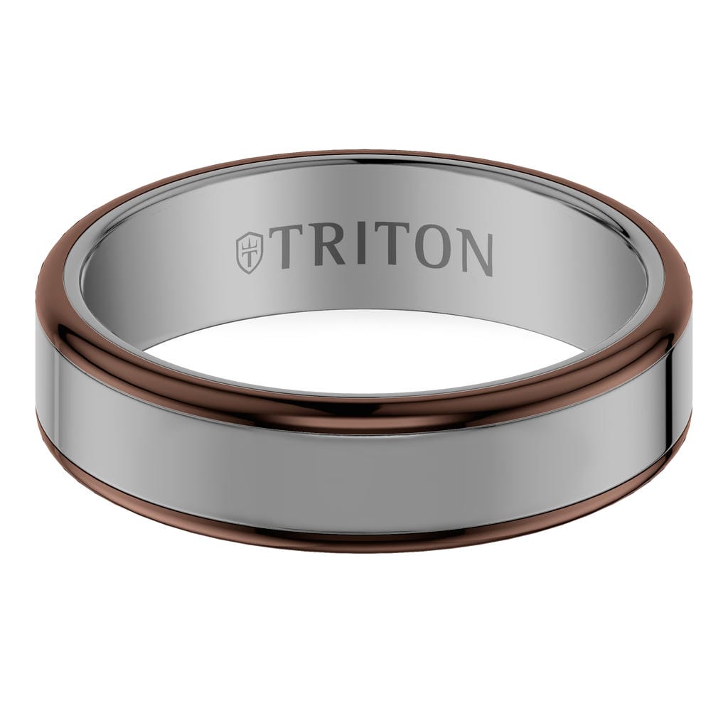 6MM Contemporary Gunmetal Grey Tungsten Carbide Ring with Espresso Edge and Polished Flat Edge Profile