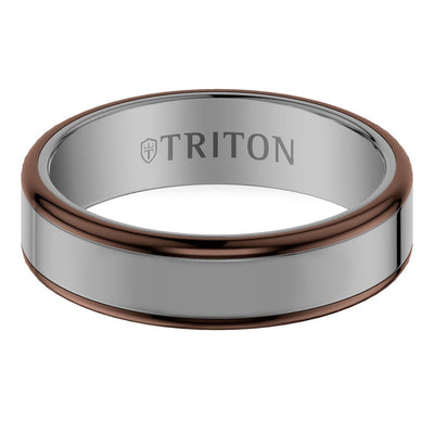 6MM Contemporary Gunmetal Grey Tungsten Carbide Ring with Espresso Edge and Polished Flat Edge Profile