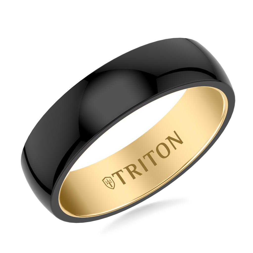 6MM Contemporary Black Tungsten Carbide Ring with Yellow Interior Base and Low Dome Profile