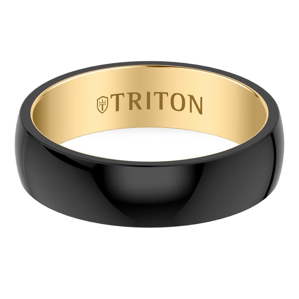 6MM Contemporary Black Tungsten Carbide Ring with Yellow Interior Base and Low Dome Profile