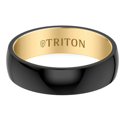 6MM Contemporary Black Tungsten Carbide Ring with Yellow Interior Base and Low Dome Profile