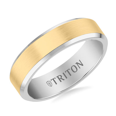 6MM Contemporary Gray Tungsten Carbide Ring with Yellow Brushed Center and Polished Beveled Edge Profile