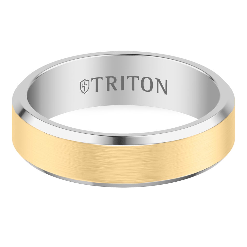 6MM Contemporary Gray Tungsten Carbide Ring with Yellow Brushed Center and Polished Beveled Edge Profile