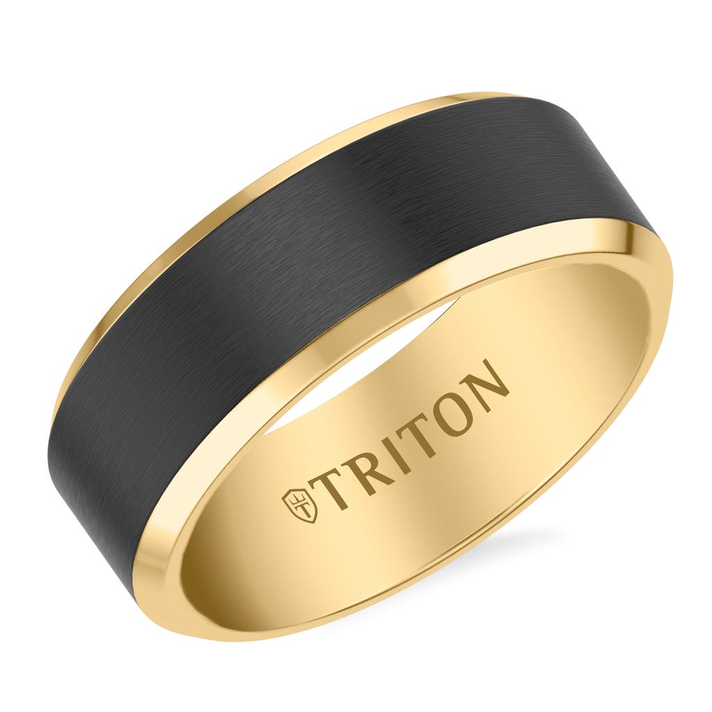 6MM Contemporary Yellow Tungsten Carbide Ring with Black Brushed Center and Polished Beveled Edge Profile