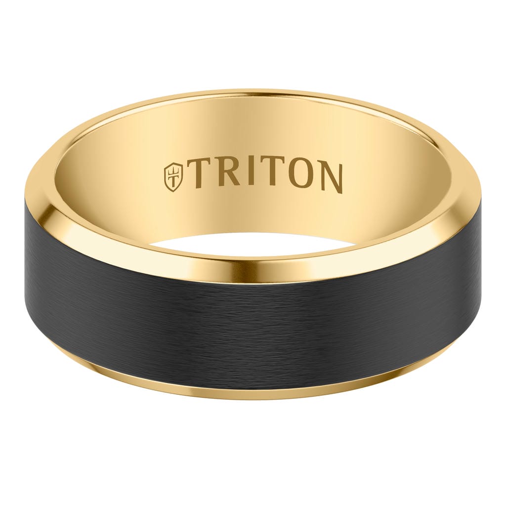 6MM Contemporary Yellow Tungsten Carbide Ring with Black Brushed Center and Polished Beveled Edge Profile