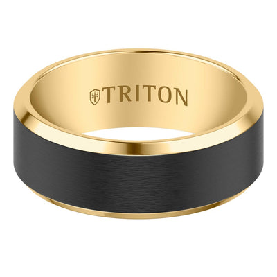6MM Contemporary Yellow Tungsten Carbide Ring with Black Brushed Center and Polished Beveled Edge Profile