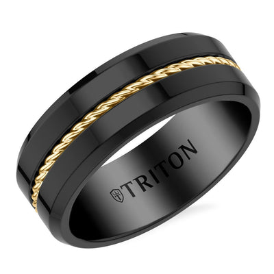 8MM Contemporary Black Tungsten Carbide Ring with Yellow Wire Center and Polished Beveled Edge Profile