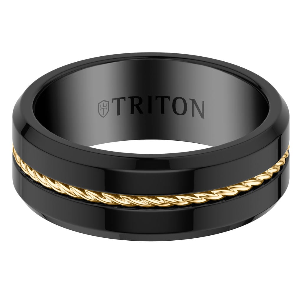 8MM Contemporary Black Tungsten Carbide Ring with Yellow Wire Center and Polished Beveled Edge Profile