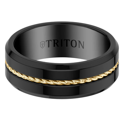 8MM Contemporary Black Tungsten Carbide Ring with Yellow Wire Center and Polished Beveled Edge Profile