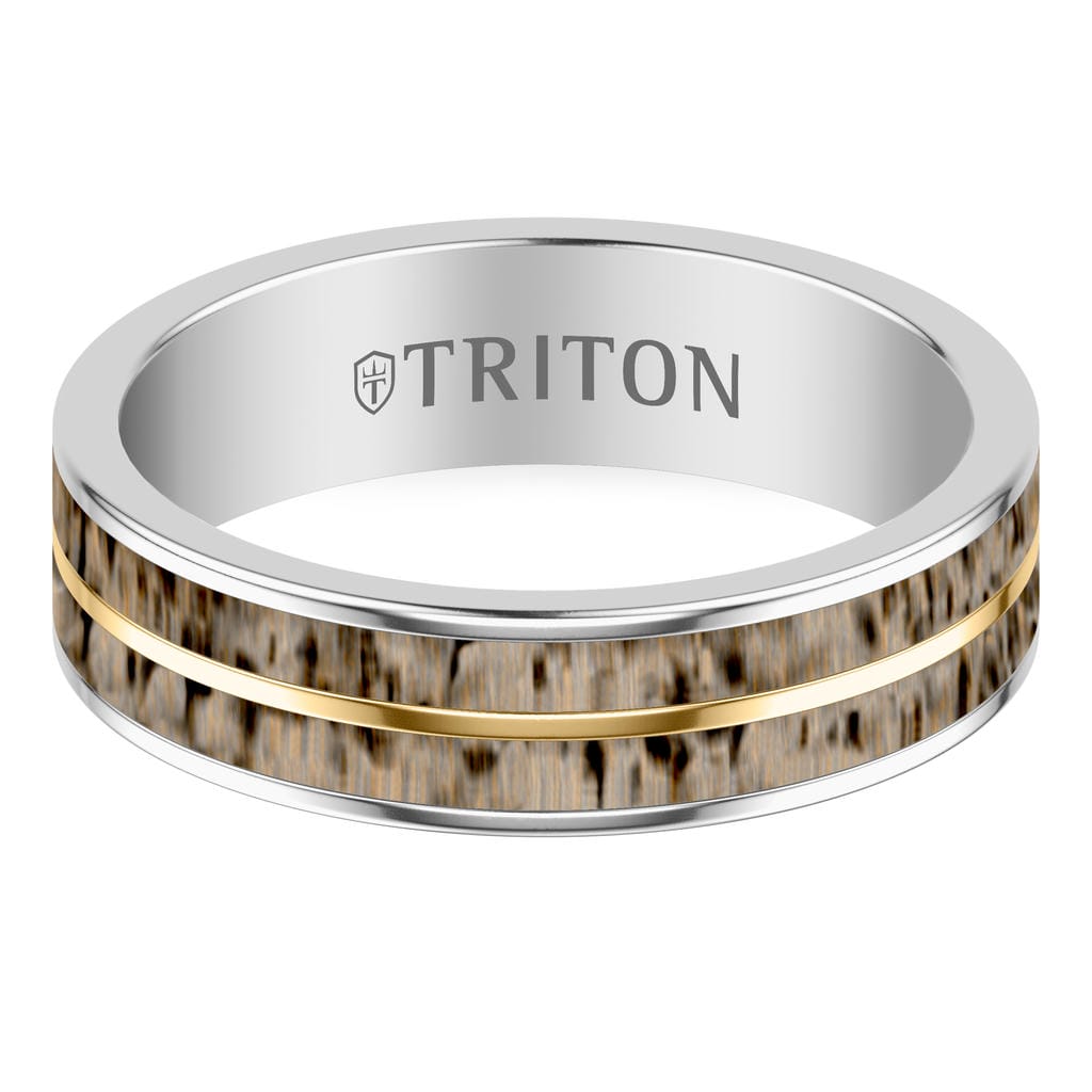 6MM Contemporary Gray Tungsten Carbide Ring with Deer Antler Inlay and Yellow Line Center and Polished Flat Edge Profile