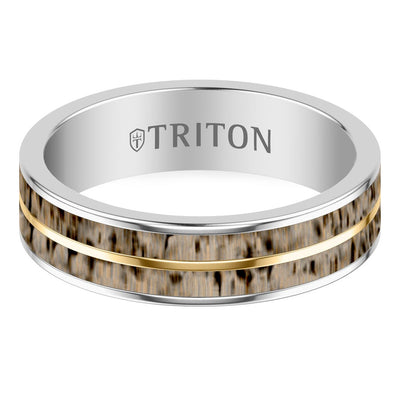 6MM Contemporary Gray Tungsten Carbide Ring with Deer Antler Inlay and Yellow Line Center and Polished Flat Edge Profile