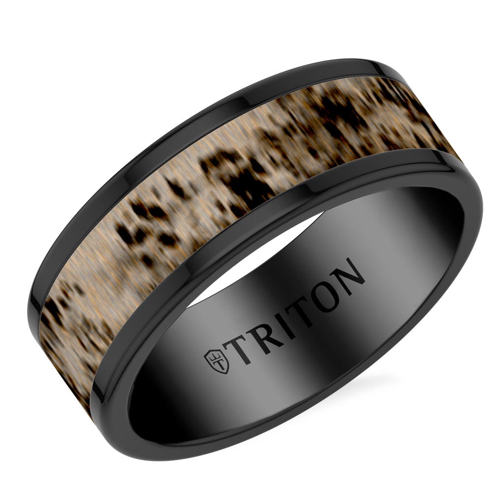 8MM Contemporary Black Tungsten Carbide Ring with Deer Antler Inlay Center and Polished Flat Edge Profile