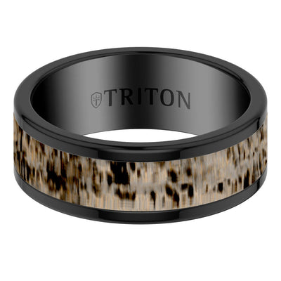 8MM Contemporary Black Tungsten Carbide Ring with Deer Antler Inlay Center and Polished Flat Edge Profile