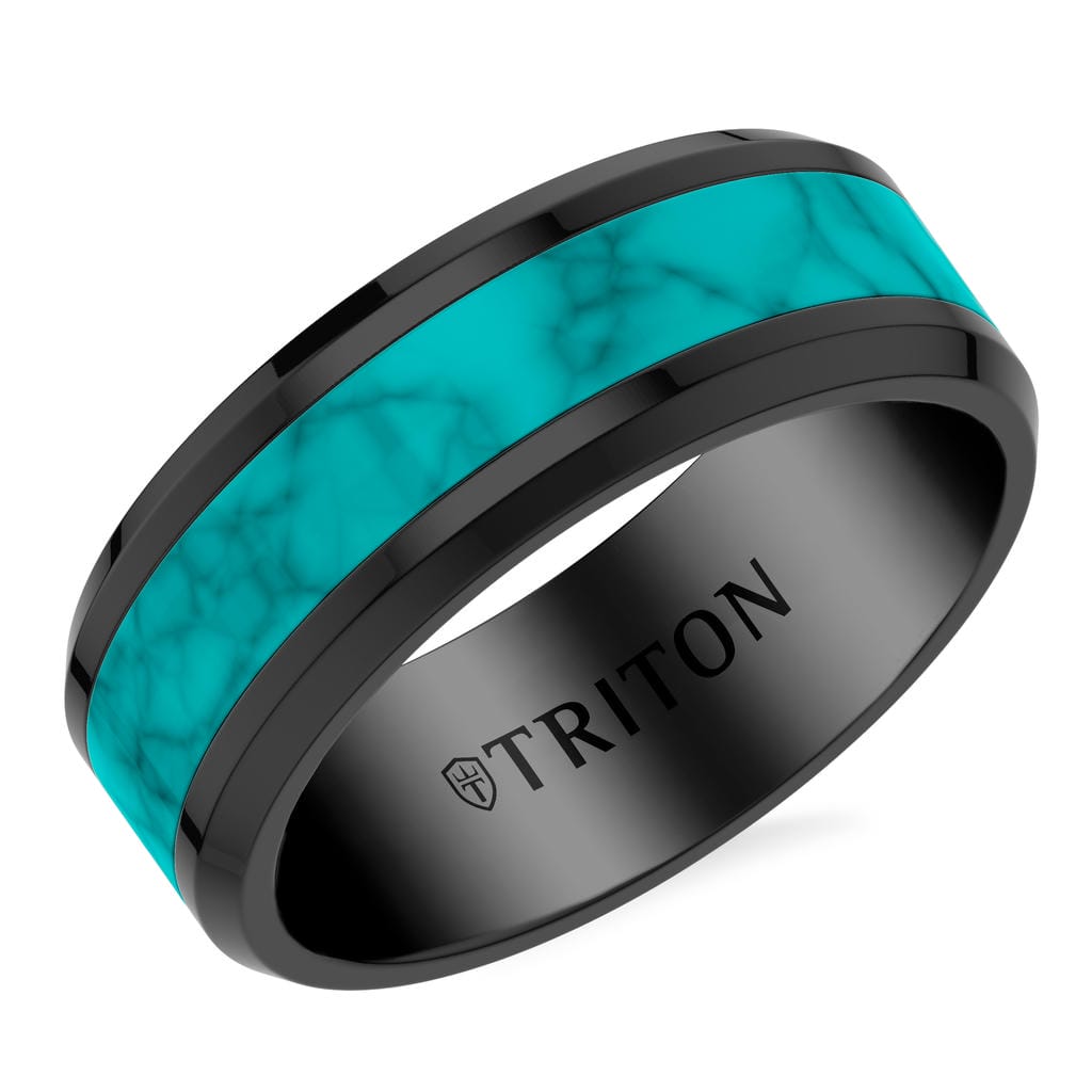 8MM Contemporary Black Tungsten Carbide Ring with Crushed Turquoise Inlay Center and Polished Beveled Edge Profile