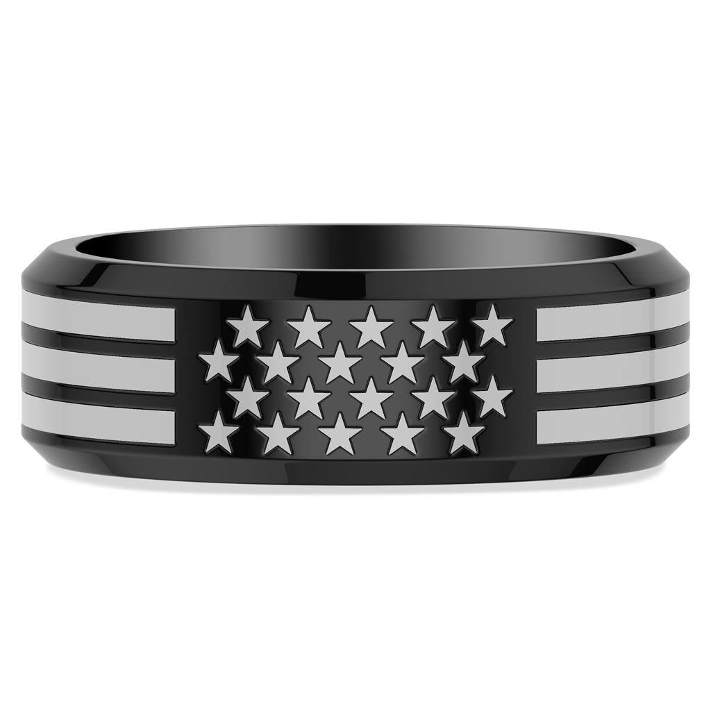 8MM Contemporary Black Titanium Ring with Laser Engraved USA Flag Motif and Beveled Edge Profile