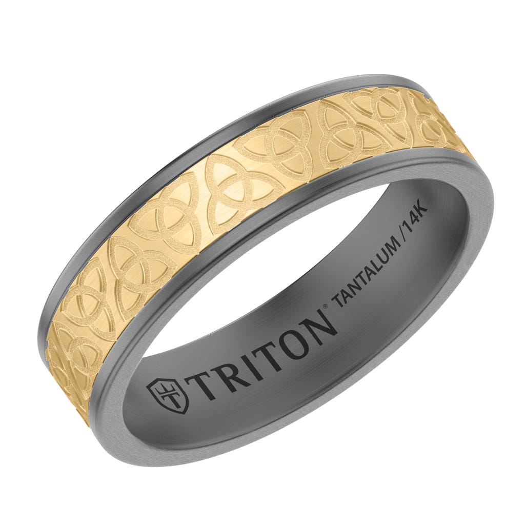 6MM Tantalum Ring and 14K Yellow Gold Brushed Center Inlay With Laser Carved Celtic Alternating Knot Design and Flat Edge Profile