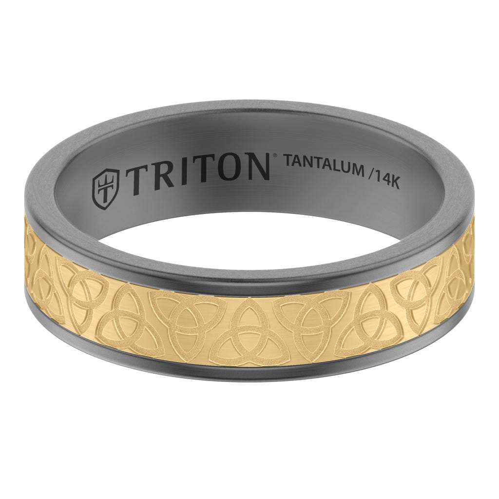 6MM Tantalum Ring and 14K Yellow Gold Brushed Center Inlay With Laser Carved Celtic Alternating Knot Design and Flat Edge Profile