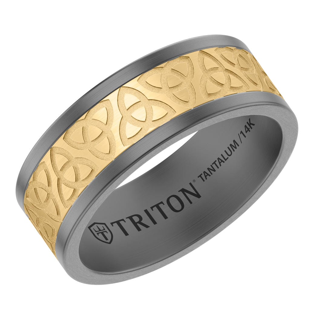 8MM Tantalum Ring with 14K Yellow Gold Brushed Center Inlay with Laser Carved Celtic Alternating Knot Design and Flat Edge Profile