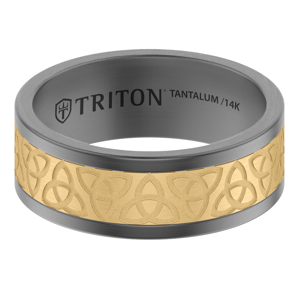 8MM Tantalum Ring with 14K Yellow Gold Brushed Center Inlay with Laser Carved Celtic Alternating Knot Design and Flat Edge Profile