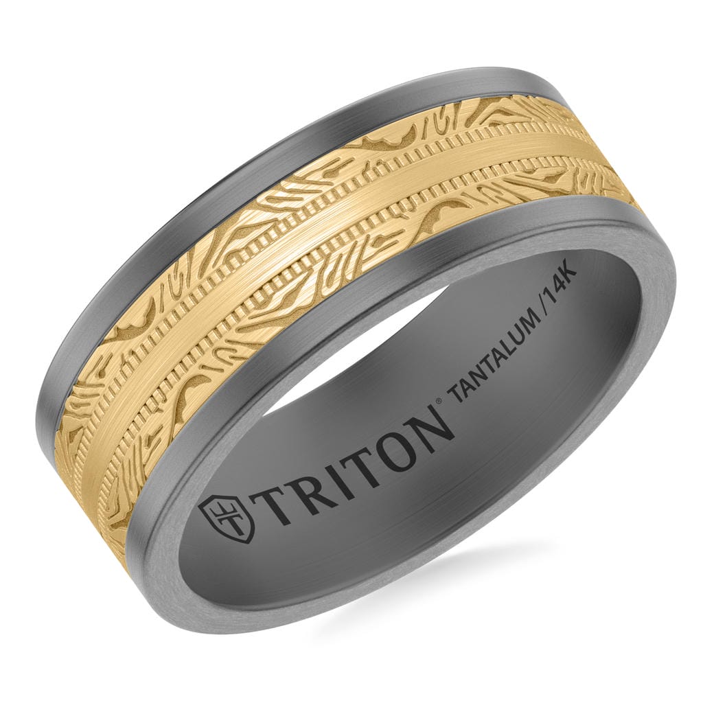 8MM Tantalum Ring with 14K Yellow Gold Brushed Center Inlay with Laser Carved Abstract Palm Design and Flat Edge Profile
