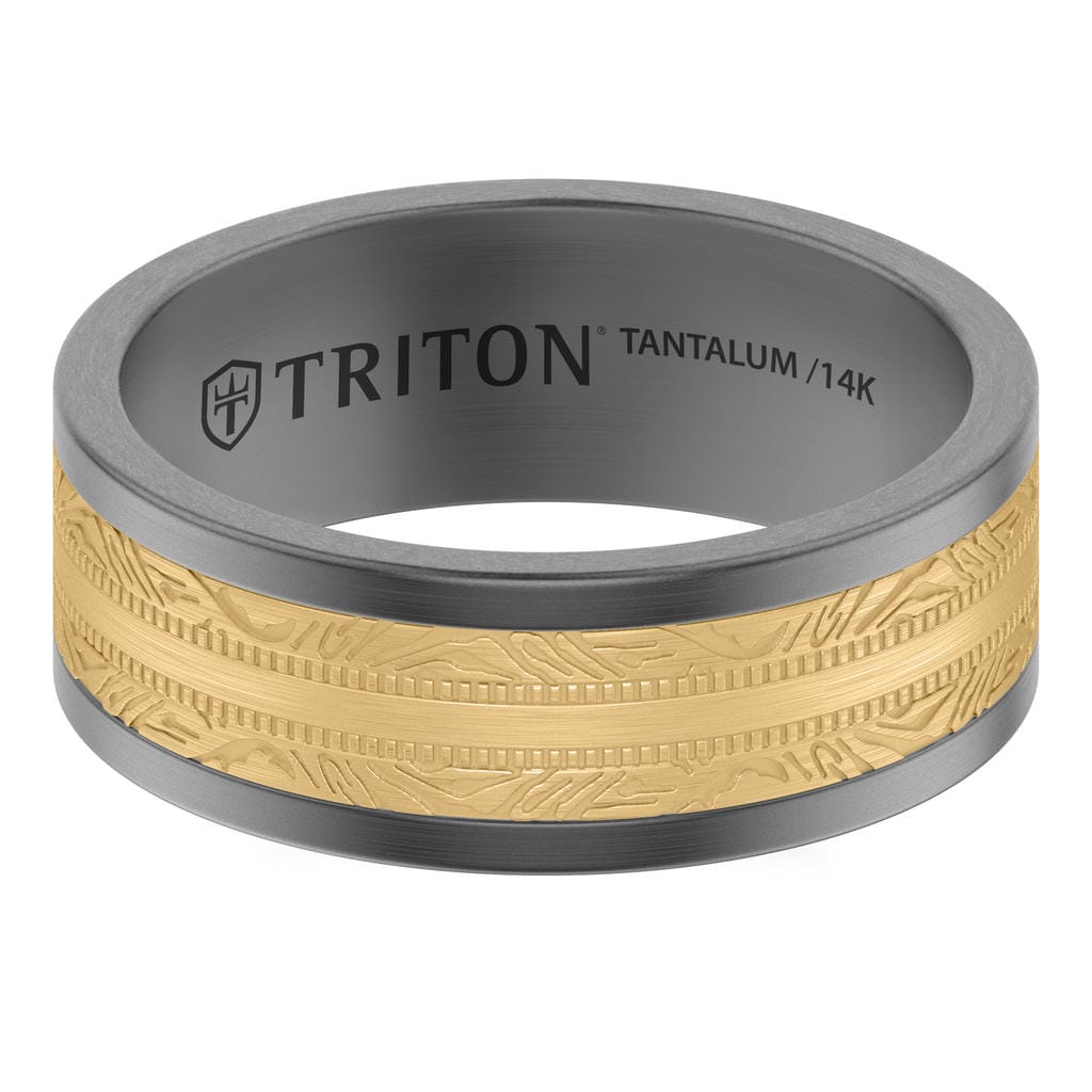 8MM Tantalum Ring with 14K Yellow Gold Brushed Center Inlay with Laser Carved Abstract Palm Design and Flat Edge Profile