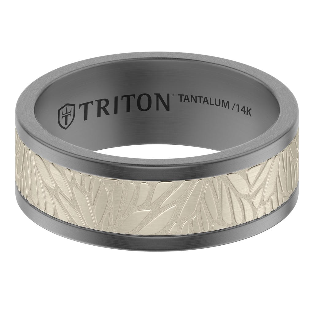 8MM Tantalum Ring with 14K Natural White Gold Brushed Center Inlay with Laser Carved Abstract Palm Design and Flat Edge Profile
