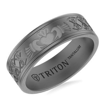 7MM Tantalum Ring with Laser Carved Celtic Claddaugh Design with Flat Edge Profile