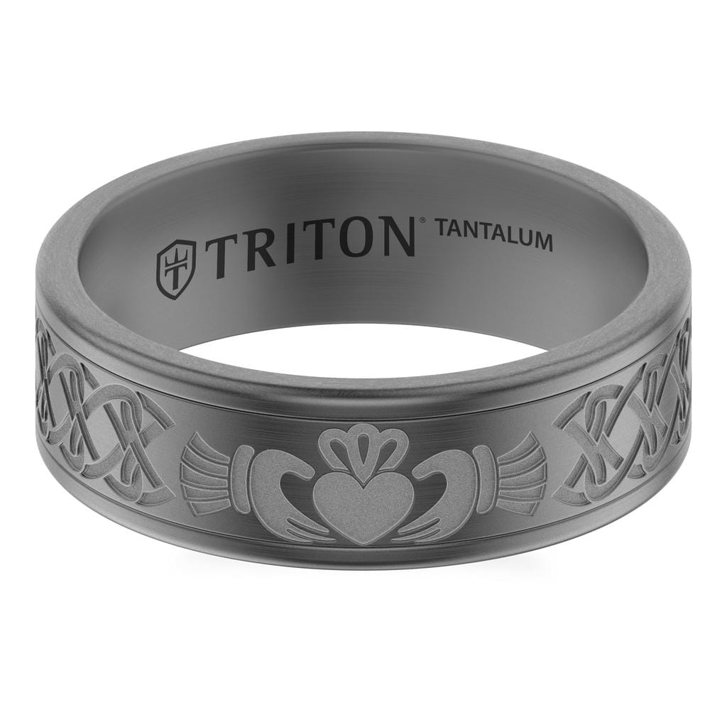 7MM Tantalum Ring with Laser Carved Celtic Claddaugh Design with Flat Edge Profile