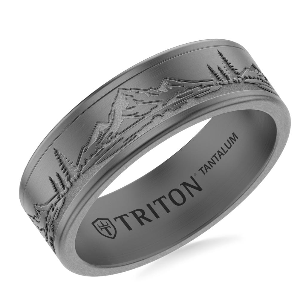 7MM Tantalum Ring with Laser Carved Nature Mountain Design and Flat Edge Profile