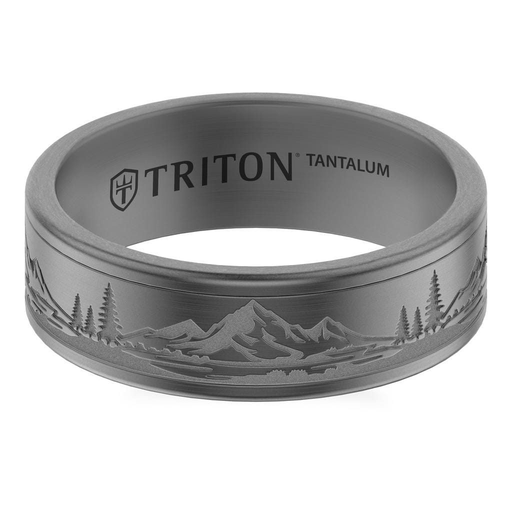 7MM Tantalum Ring with Laser Carved Nature Mountain Design and Flat Edge Profile