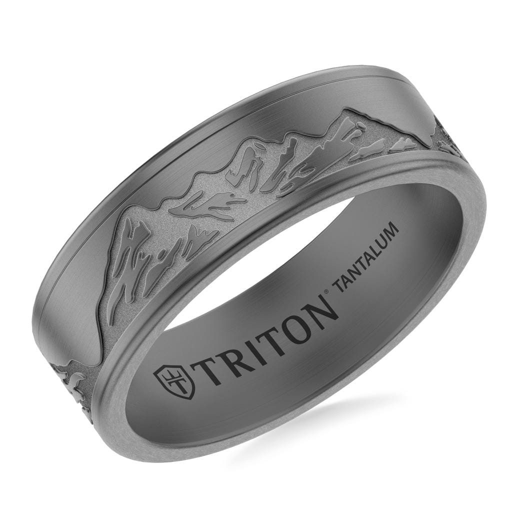 7MM Tantalum Ring with Laser Carved Nature Mountain Design and Flat Edge Profile