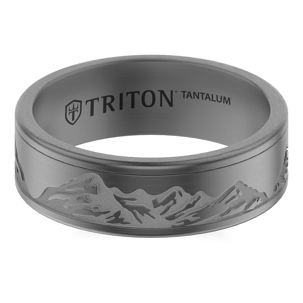 7MM Tantalum Ring with Laser Carved Nature Mountain Design and Flat Edge Profile