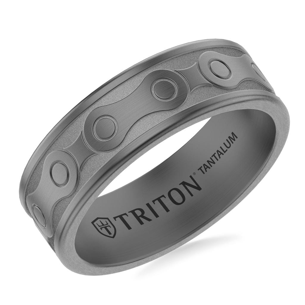 7MM Tantalum Ring with Laser Carved Bike Link Design and Flat Edge Profile