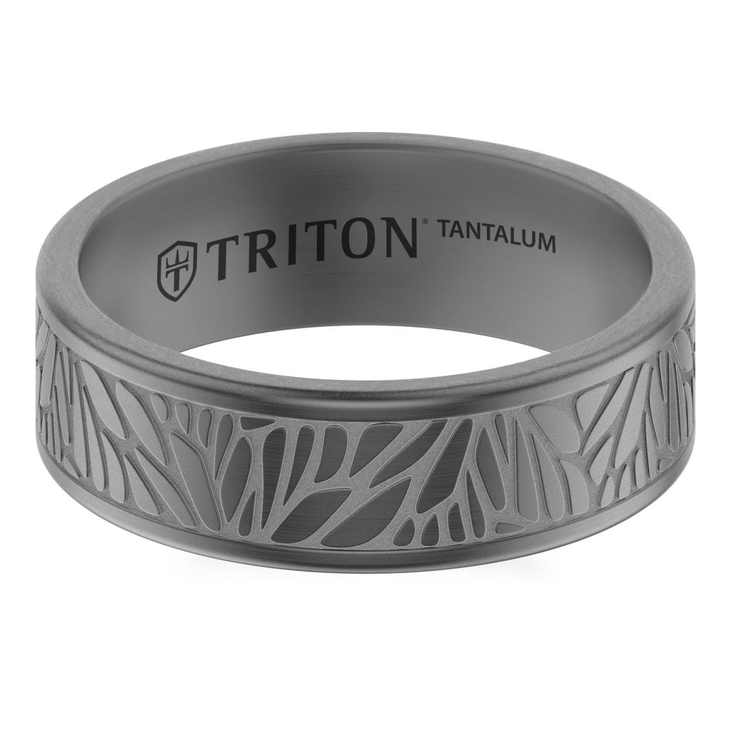 7MM Tantalum Ring with Laser Carved Abstract Palm Design and Flat Edge Profile