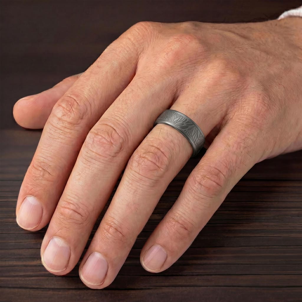 7MM Tantalum Ring with Laser Carved Abstract Palm Design and Flat Edge Profile