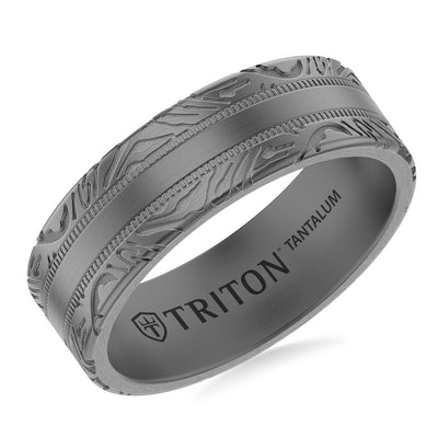 7MM Tantalum Ring with Laser Carved Abstract Wood Grain Design and Flat Edge Profile